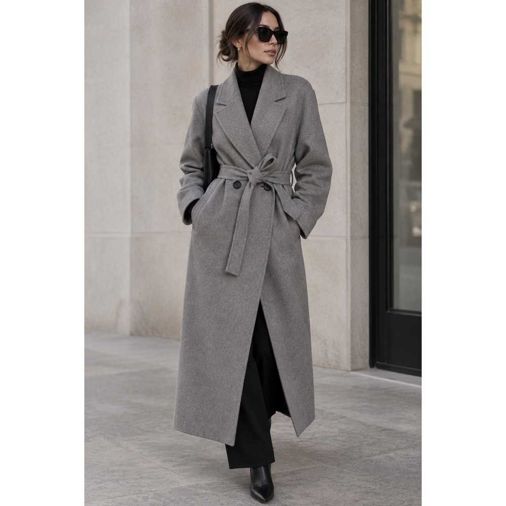 Zara Long Coat Gray Wool Blend  Belted Double Breasted XS Oversized Minimalist